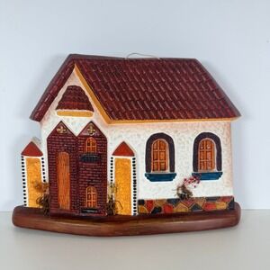 Hand Painted Ceramic House Wall Plaque Rustic Farmhouse Decor Vintage Style